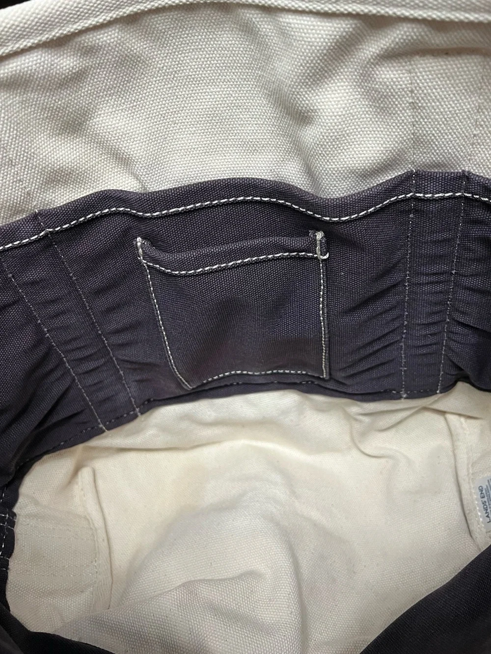 🌻Lands' End Medium Canvas Tote Bag Natural Navy Blue 5 Pocket Open Top Carryall